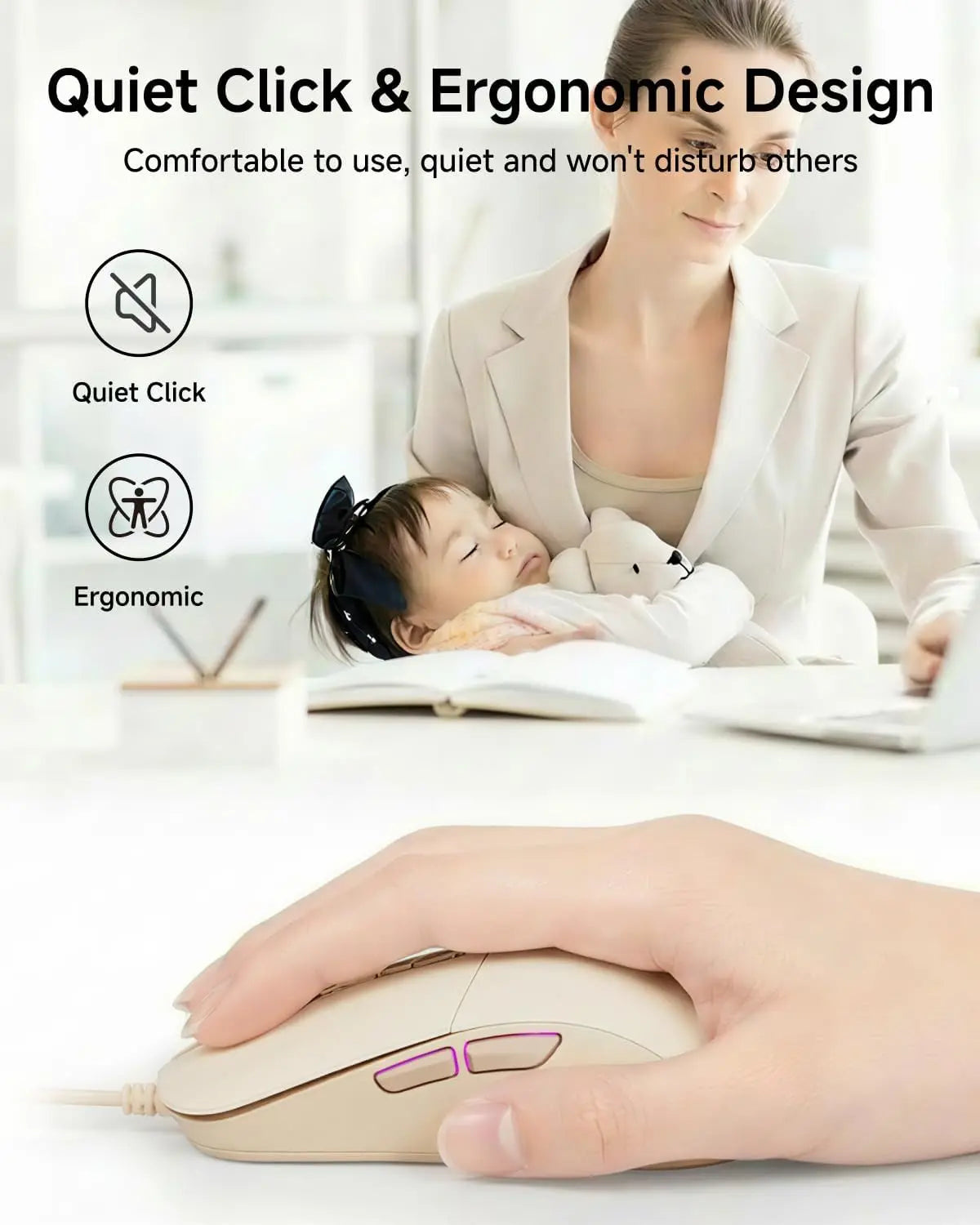 Aesthetic Wired Mouse Silent 2400DPI USB Optical Mouse for Girls Students Laptop PC MacBook Ergonomic Quiet Mute Computer Mice Cute Kawaii Office Gaming Plug Play Sage Green Latte Beige Minimalist Desk Accessories